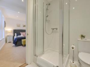 a bathroom with a shower and a toilet and a sink at 10 Cove View in Ilfracombe