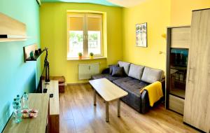 a living room with a couch and a table at Apartament Rondo AC Progres in Toruń