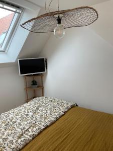 a bedroom with a bed and a flat screen tv at Le Nichoir in Frélinghien