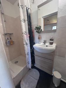 a bathroom with a sink and a toilet and a shower at La Guitoune in Mane +12 photos