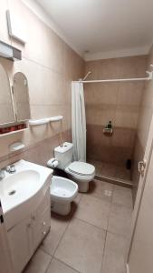 ein Badezimmer mit Toilette, Waschbecken und Dusche in der Unterkunft Departamento a metros del Parque Central de Mendoza in La Cieneguita + 8 Fotos