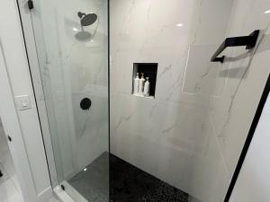 a bathroom with a shower with a glass door at Pretty Private Room, near the Airport - Free parking - 02 in Miami