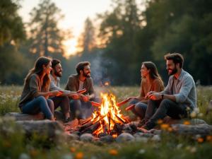 a group of people sitting around a fire at Uroczy duży dom nad jeziorem z prywatną przystanią in Steklinek