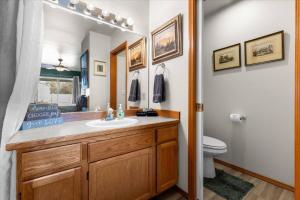 a bathroom with a sink and a toilet and a mirror at Blue Grass Bungalow in Coeur d'Alene +39 photos