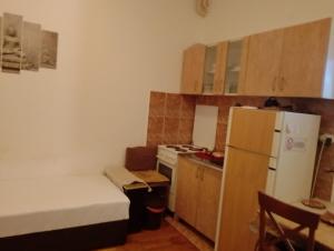 a small kitchen with a refrigerator and a stove at Tali in Novi Sad +3 photos