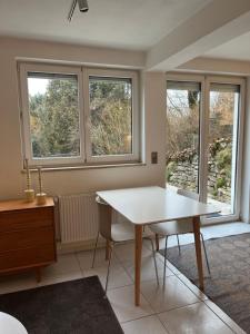 a living room with a table and two windows at Helle Wohnung in Seenähe in Berg am Starnberger See