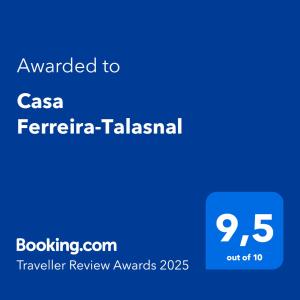 Certifikát, hodnocení, plakát nebo jiný dokument vystavený v ubytování Casa Ferreira-Talasnal
