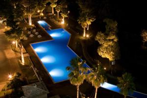 Eine Draufsicht auf einen Pool bei Nacht mit Beleuchtung in der Unterkunft Hotel Sekia in Sekimachi