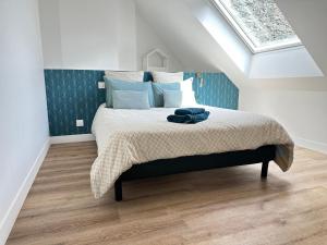 a bedroom with a large bed with a skylight at Appartement Vanille in Pontivy