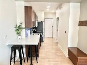 a kitchen with a white counter top and a kitchen island at Urban Oasis Downtown Condo with Skywalk Access 5 in Des Moines