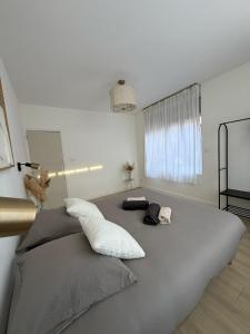 een witte kamer met een bed met kussens erop bij L'Odyssée au centre-ville in Duinkerke +31 foto's