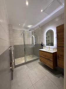 een badkamer met een douche en een wastafel bij L'Odyssée au centre-ville in Duinkerke