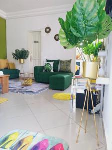 ein Wohnzimmer mit grünen Möbeln und einer grünen Pflanze in der Unterkunft Résidence Meublée Pachira I in Abidjan