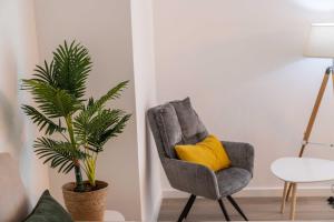 a chair with a yellow pillow and a plant at Apartamento Verde Atlântico in Ponta Delgada