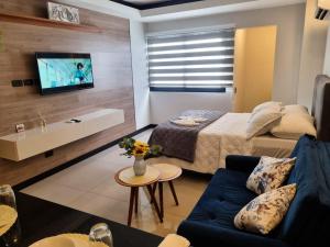 a room with a bed and a couch and a tv at Dpto de Lujo - Vista - Piscina - CoWork en Equipe in El Pary +43 photos