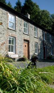 a cat sitting in front of a stone house at Bronfelin & Troed-y-Rhiw Holiday Cottage in Llanwrtyd Wells