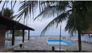 a swimming pool on a beach with a palm tree at Lucena praia in Lucena