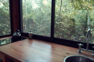 eine Küche mit einem Waschbecken und einem großen Fenster in der Unterkunft Isla El pantano delta, Tigre in San Fernando