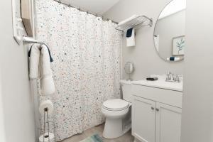 a bathroom with a toilet and a shower curtain at Downtown Kimmswick Studio-Renovated-Prime Location in Imperial