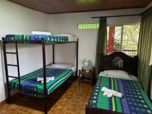 a room with two bunk beds and a window at Finca Hotel La Paloma in Quimbaya