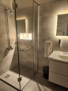 a bathroom with a shower and a sink at Vendia Cottage in Nathia Gali
