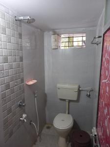 a small bathroom with a toilet and a shower at Malvan Beach Homestay in Malvan