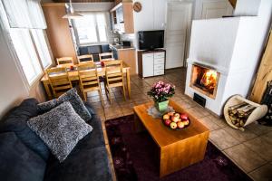 Naapurivaaran Lomakeskus في فوكاتي: غرفة معيشة مع أريكة ومدفأة