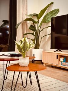 a living room with a coffee table and a tv at Luxe & Bright Gem - Prime Location, Roof Deck, View in Seattle