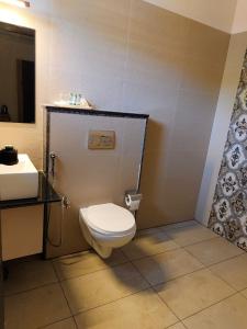 a bathroom with a toilet and a sink at Hotel Orchard Coorg in Virajpet +25 photos