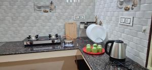 a kitchen counter with a stove and a plate of food at Arunachalam Home Stay in Tiruchchendūr