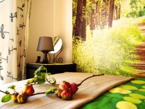 a bed with apples on it in a bedroom at Villa Polskacanaria in Gardeja