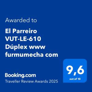Πιστοποιητικό, βραβείο, πινακίδα ή έγγραφο που προβάλλεται στο El Parreiro VUT-LE-1607