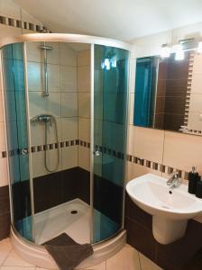 a bathroom with a shower and a sink at Penzión Turzov in Gelnica +27 photos