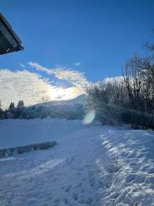 a snow covered field with a mountain in the background at Ferienhaus Biberweg im Feriendorf Reichenbach 13 in Nesselwang +8 photos