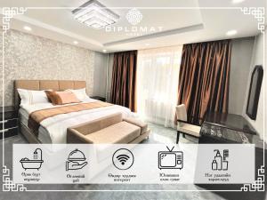 a hotel room with a bed and a tv at Diplomat Noble Hotel in Ulaanbaatar