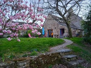 un albero con fiori rosa di fronte a una casa di La Maison Douce a Saint-Guyomard