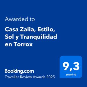 Certifikát, hodnocení, plakát nebo jiný dokument vystavený v ubytování Casa Zalia, Estilo, Sol y Tranquilidad en Torrox