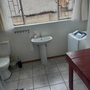 a bathroom with a sink and a toilet and a window at Den-Away Guesthouse Self Catering Middelburg Mpumalanga in Mhluzi