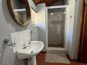 a bathroom with a sink and a shower with a mirror at Wooden Door Guesthouse in Brits +20 photos