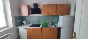 a small kitchen with a sink and a refrigerator at Noclegi Włocławek in Włocławek +10 photos