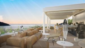 a rendering of a bar with chairs and a woman walking at Villa Dubrovnik in Dubrovnik