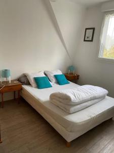 Postel nebo postele na pokoji v ubytování Appartement charmant à Fréhel, grand jardin.B + 12 fotografií