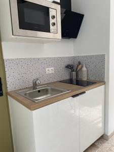 a kitchen with a sink and a microwave at Le studio de Marie in Noves +7 photos