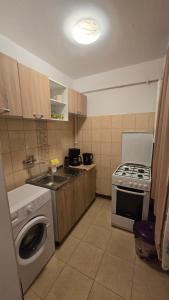 eine Küche mit einem Herd und einer Waschmaschine in der Unterkunft Kassandra's Apartment in Târgu Mureș