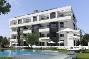 a rendering of a hotel with a pool and umbrellas at Cosy Casa Valentino in Orihuela Costa