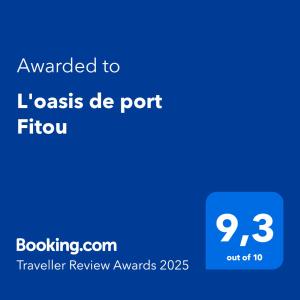 zrzut ekranu telefonu z tekstem przyznanym na ios de port 50 w obiekcie L'oasis de port Fitou w mieście Fitou