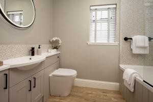 Un baño con inodoro, lavabo y espejo. en Honeysuckle Cottage, Kailzie, en Peebles 22 fotos más
