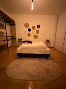 a bedroom with a bed and a rug on the floor at Le Charmant des Coteaux, Free Parking & Free Wifi in Toulouse