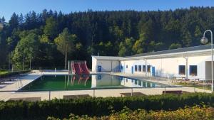 a large swimming pool in front of a building at Apartmánový dům Karolinka in Karolinka