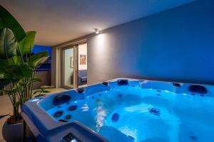 a blue tub in a room with a plant at Cremona Inn Aparthotel in Cremona